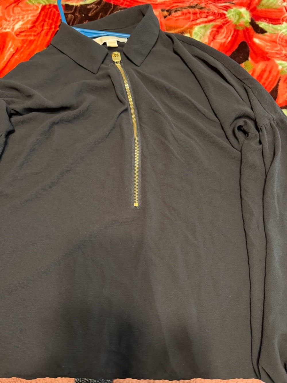 MICHAEL Michael Kors Black Long Sleeve Half-Zip Polo with Gold Zipper